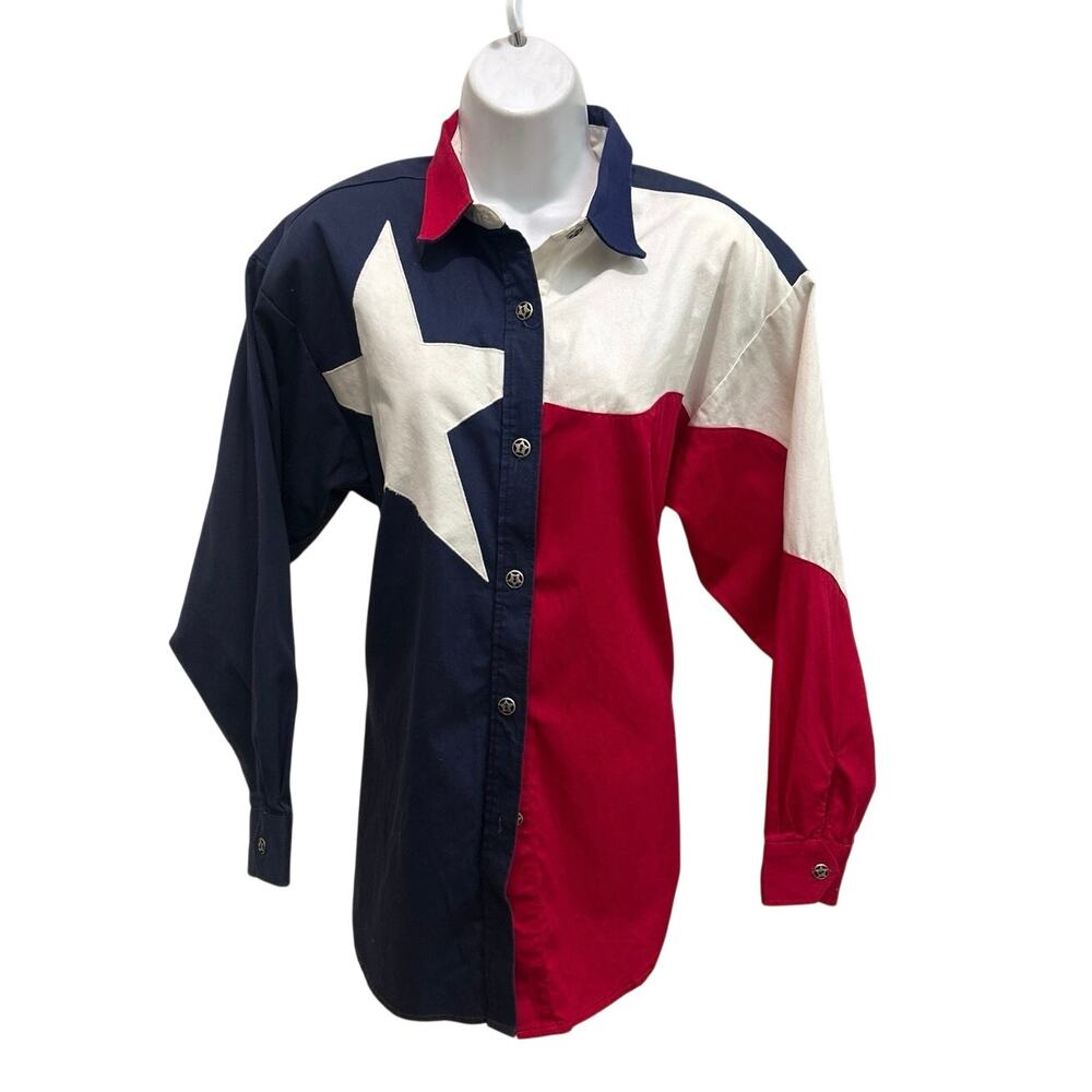 Vtg 80s Longhorn River Western Wear Texas Flag Shirt, Cowgirl Rodeo USA,Women M
